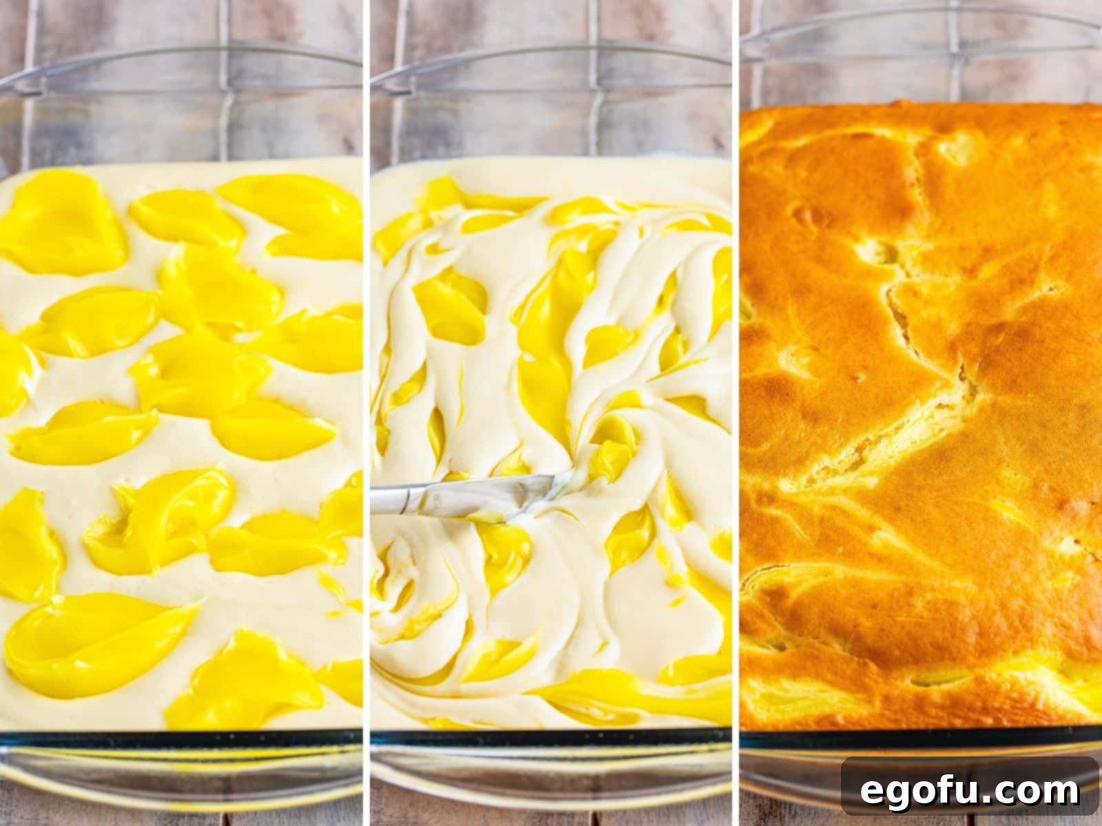 A baking dish containing vanilla cake mix batter with dollops of lemon pie filling on top, followed by an image of the filling being swirled into the batter, and finally, a picture of the beautifully baked, unfrosted lemon cake.