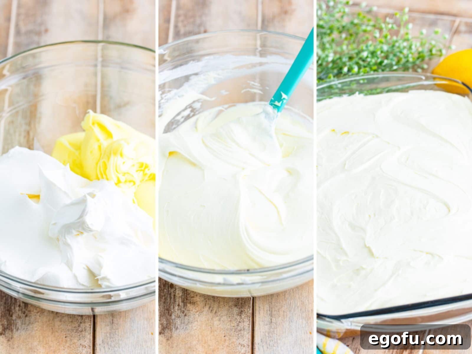 A glass bowl containing the lemon frosting and whipped topping before mixing, followed by an image of the thoroughly combined creamy lemon topping, ready to be spread on the cake.