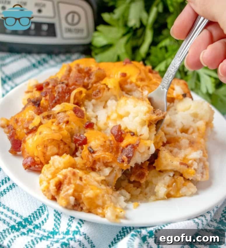 A delectable forkful of golden tater tot casserole on a pristine white round plate, showcasing melted cheese and savory chicken.