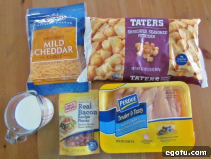 A vibrant display of all the core ingredients for Cheesy Chicken Tater Tot Casserole: a bag of frozen tater tots, a package of bacon pieces, raw boneless skinless chicken breasts, a mound of shredded cheddar cheese, and a glass of fresh milk.