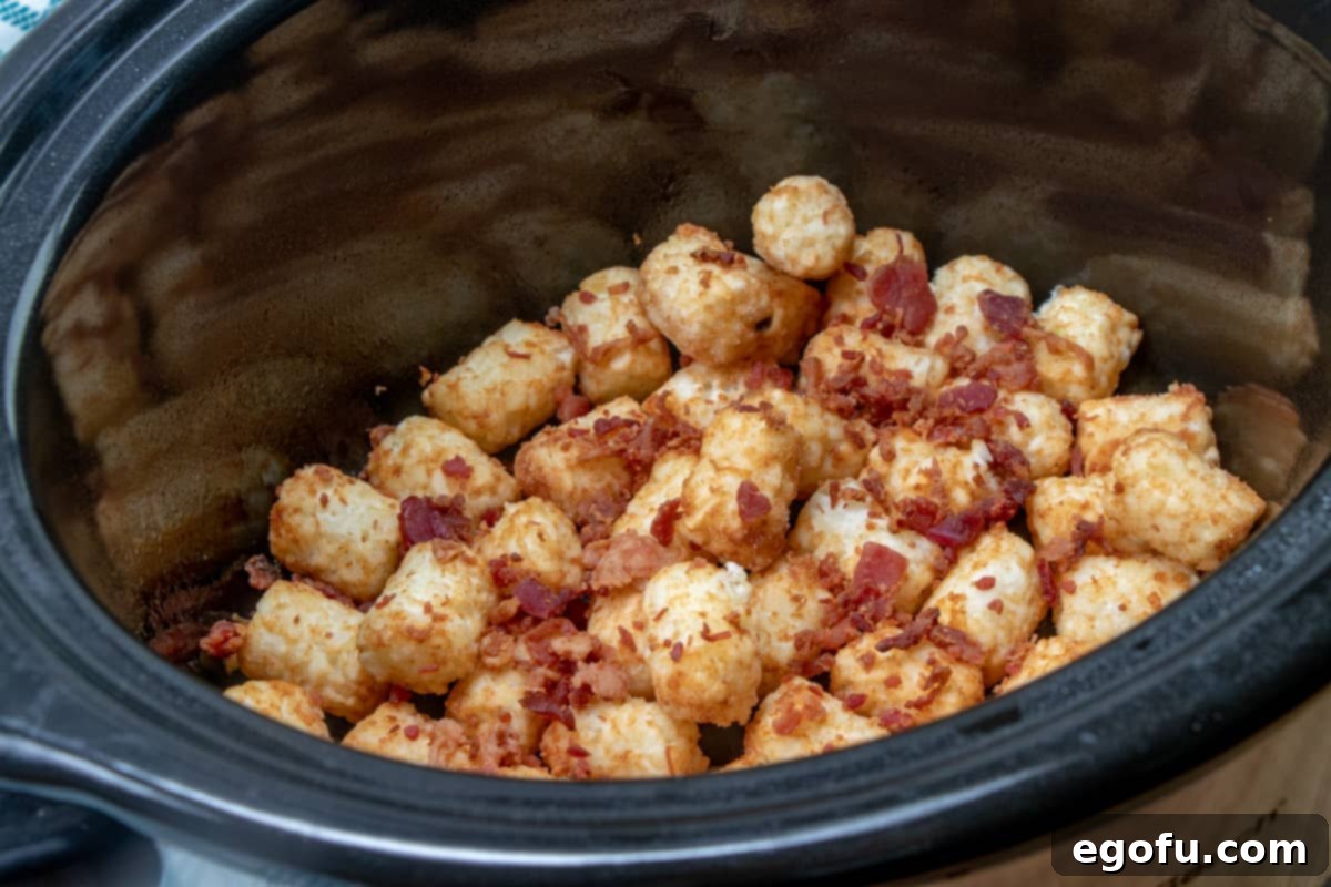 An initial layer of frozen tater tots in a slow cooker, now topped with a generous sprinkle of crispy bacon pieces.