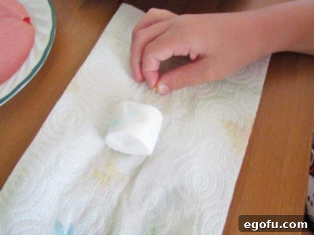 A hand gently blotting excess water off a dipped marshmallow using a paper towel.