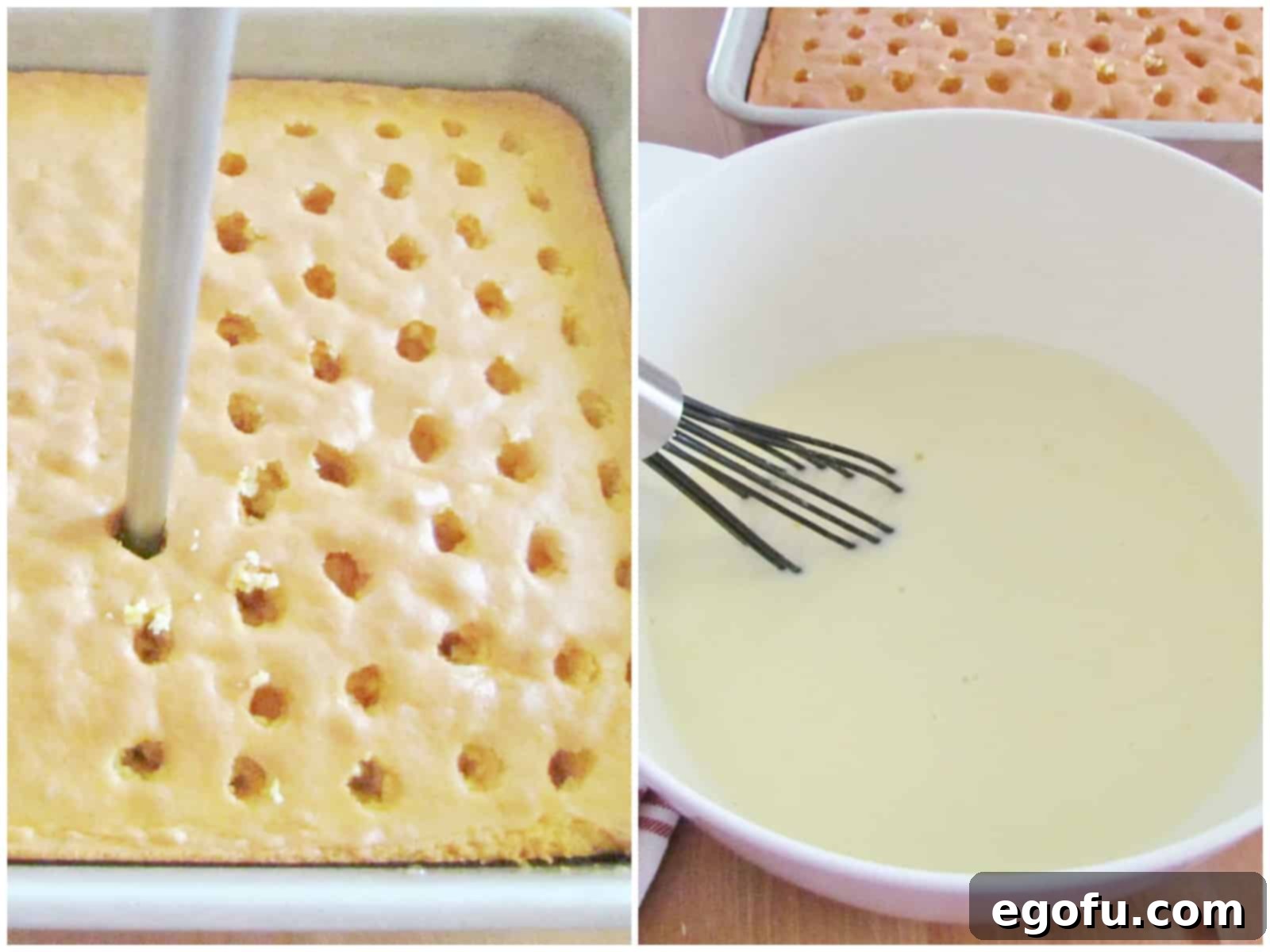 A collage of two photos: a round object making deep holes in a freshly baked yellow cake, and a bowl where milk and instant pudding mix are being whisked together.