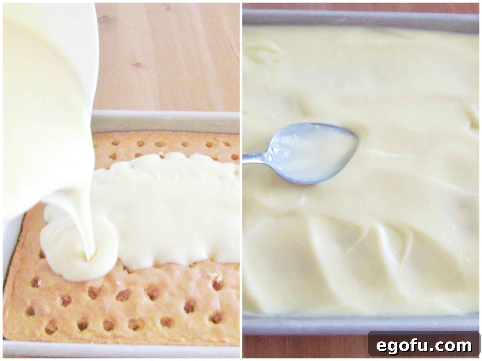 A collage of two photos: a person pouring thick banana pudding into the poked holes of a yellow cake, and a spoon gently spreading and pushing the pudding down into the holes for even distribution.