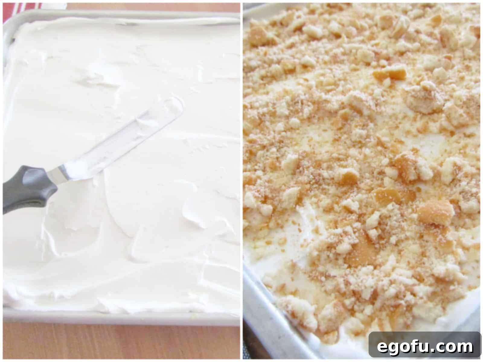 A collage of two photos illustrating the final steps: a smooth layer of whipped topping being spread onto a cooled cake, and then crushed Nilla wafers being sprinkled generously on top of the cake as a garnish.