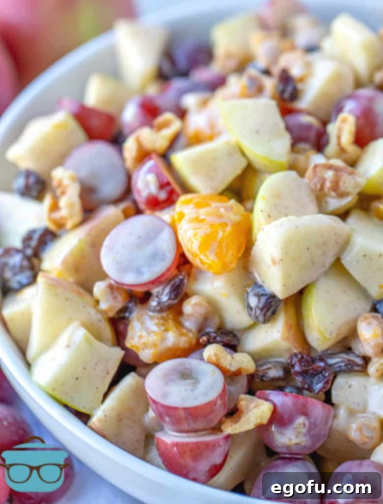 closeup, completed Apple Fruit Salad with dressing.