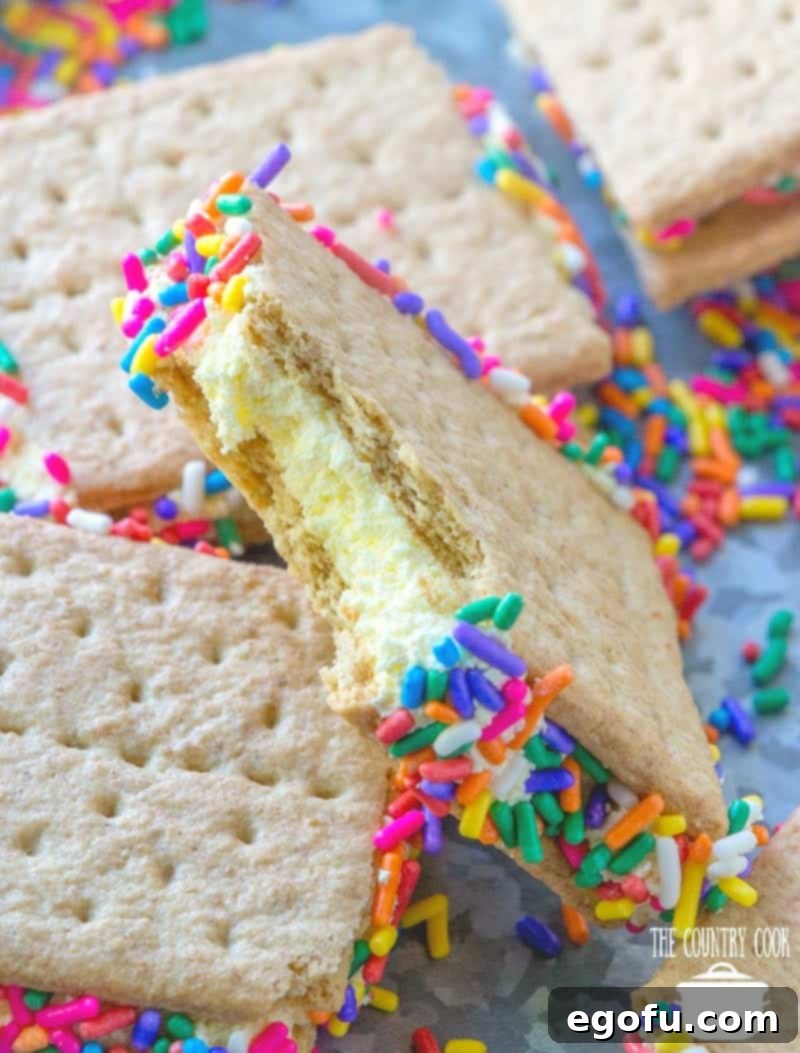 Graham Cracker Goodie with a bite removed, showing creamy vanilla filling and colorful sprinkles on the edges. A perfect no-bake dessert.