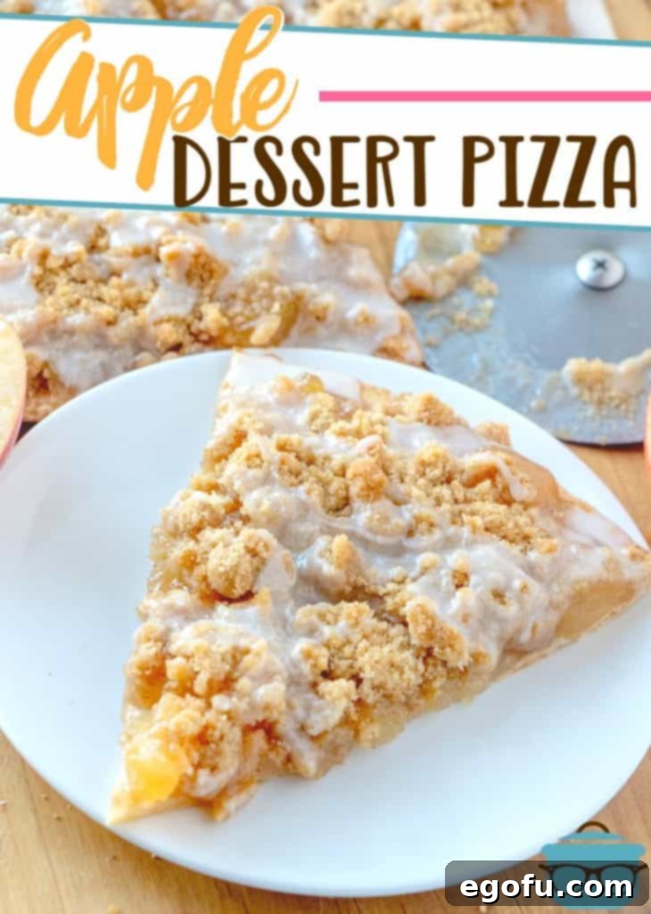 A delectable slice of Easy Apple Dessert Pizza from The Country Cook, showcasing its rich apple filling, golden crumble, and sweet icing drizzle, with a pizza cutter in the soft background.