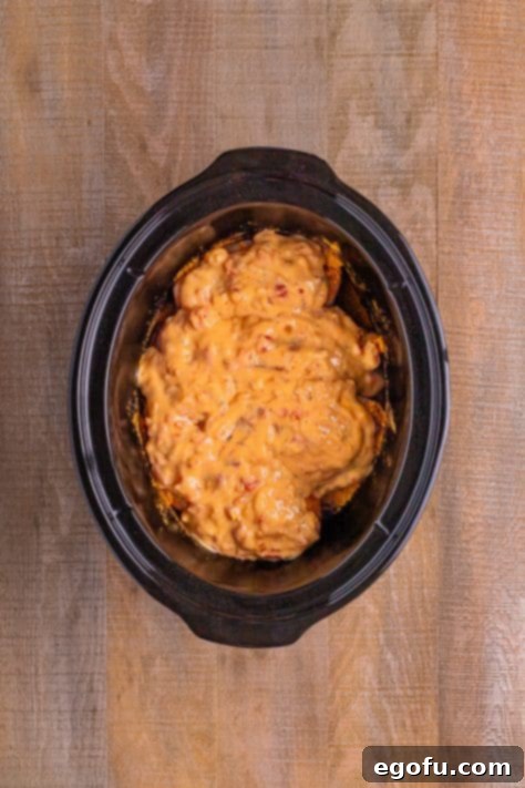 Effortless Slow Cooker Taco Chicken 12 Sauce covering chicken breasts in a slow cooker.