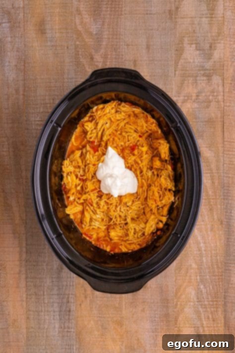 Effortless Slow Cooker Taco Chicken 15 Shredded chicken for tacos with a dollop of sour cream on top.