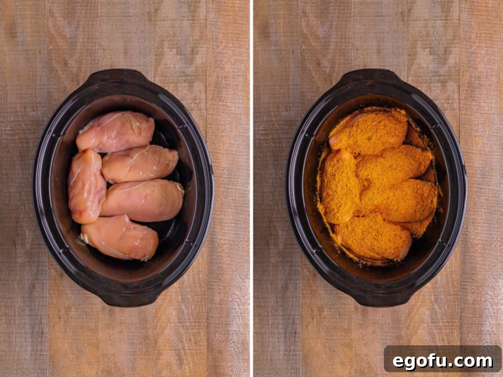 Effortless Slow Cooker Taco Chicken 5 A collage of two images. Raw chicken breasts in a slow cooker and Taco seasoning covered chicken breasts in a crock pot.