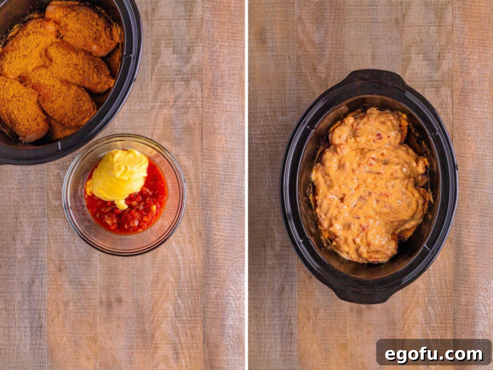 Effortless Slow Cooker Taco Chicken 6 Salsa and cream of chicken in a bowl. Sauce covered chicken breasts in a crock pot.