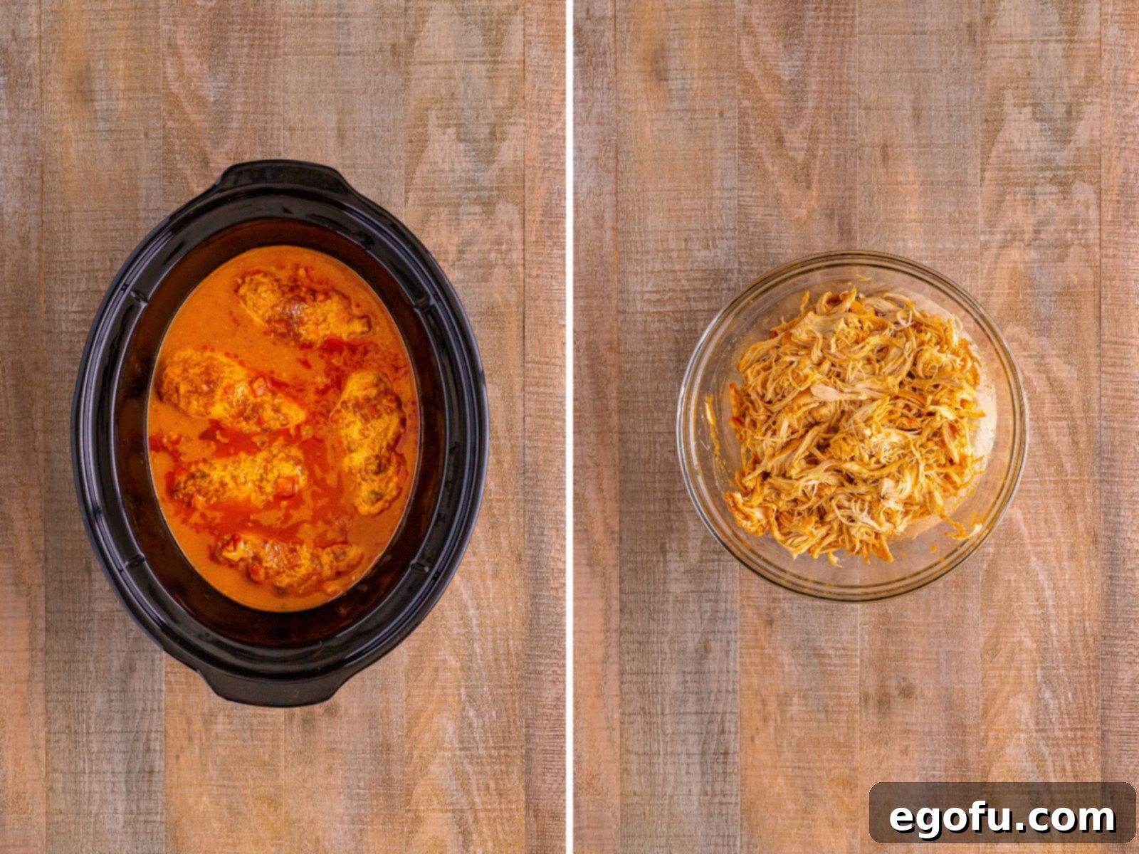 Effortless Slow Cooker Taco Chicken 7 Cooked chicken in a salsa cream sauce in a crock pot and a bowl of shredded chicken.