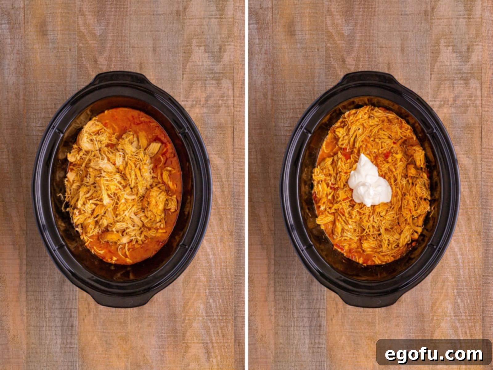 Effortless Slow Cooker Taco Chicken 8 Cooked Shredded chicken in a slow cooker and Shredded chicken for tacos with a dollop of sour cream on top.