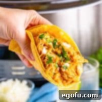 Effortless Slow Cooker Taco Chicken 10 Shredded chicken in a corn tortilla taco being held by a hand.