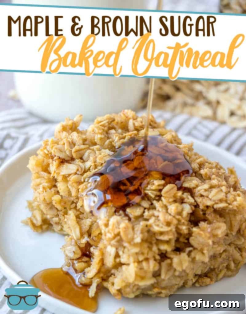 A close-up shot of Maple and Brown Sugar Baked Oatmeal, showing a perfect square slice on a small white plate with golden maple syrup pooling on top, inviting a delightful bite.