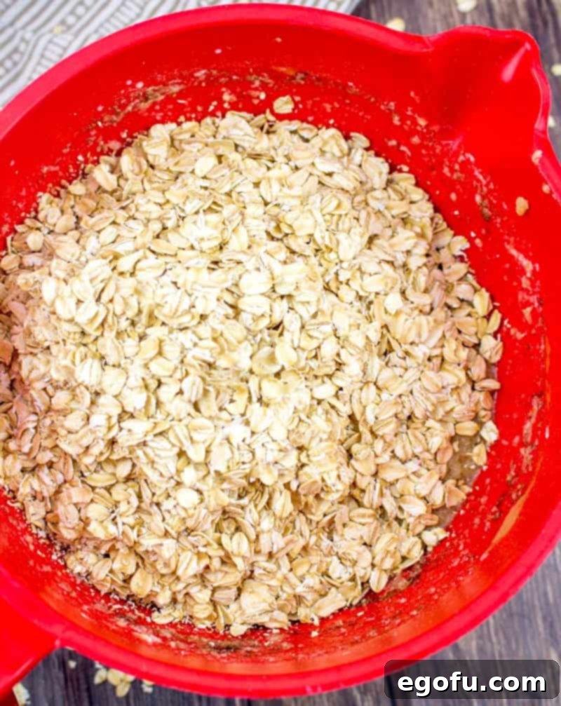 Quick-cooking oatmeal being carefully added to the prepared wet batter in a mixing bowl, prior to stirring and baking.
