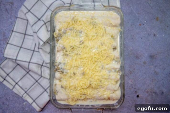 Decadent White Chicken Enchiladas 21 Shredded cheese topping the enchiladas.
