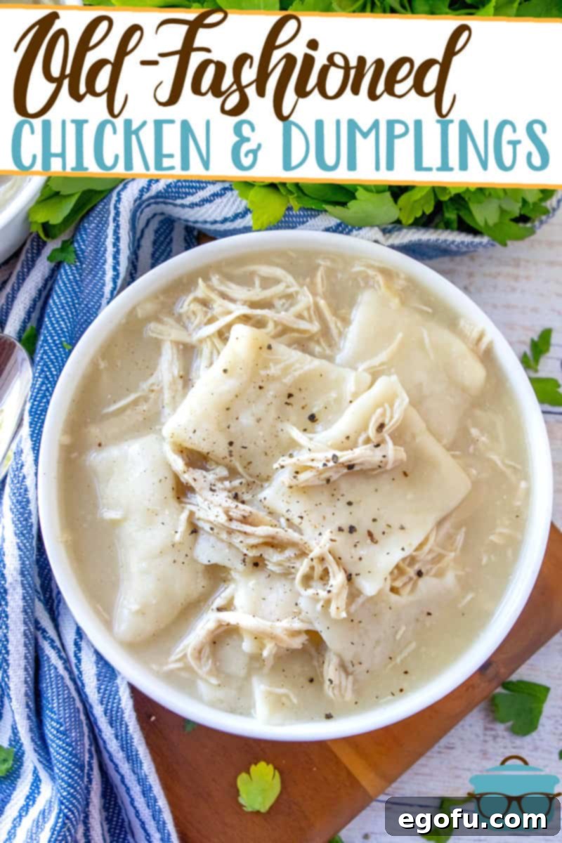 OLD-FASHIONED CHICKEN AND DUMPLINGS recipe from The Country Cook, shown in a white bowl with fresh parsley