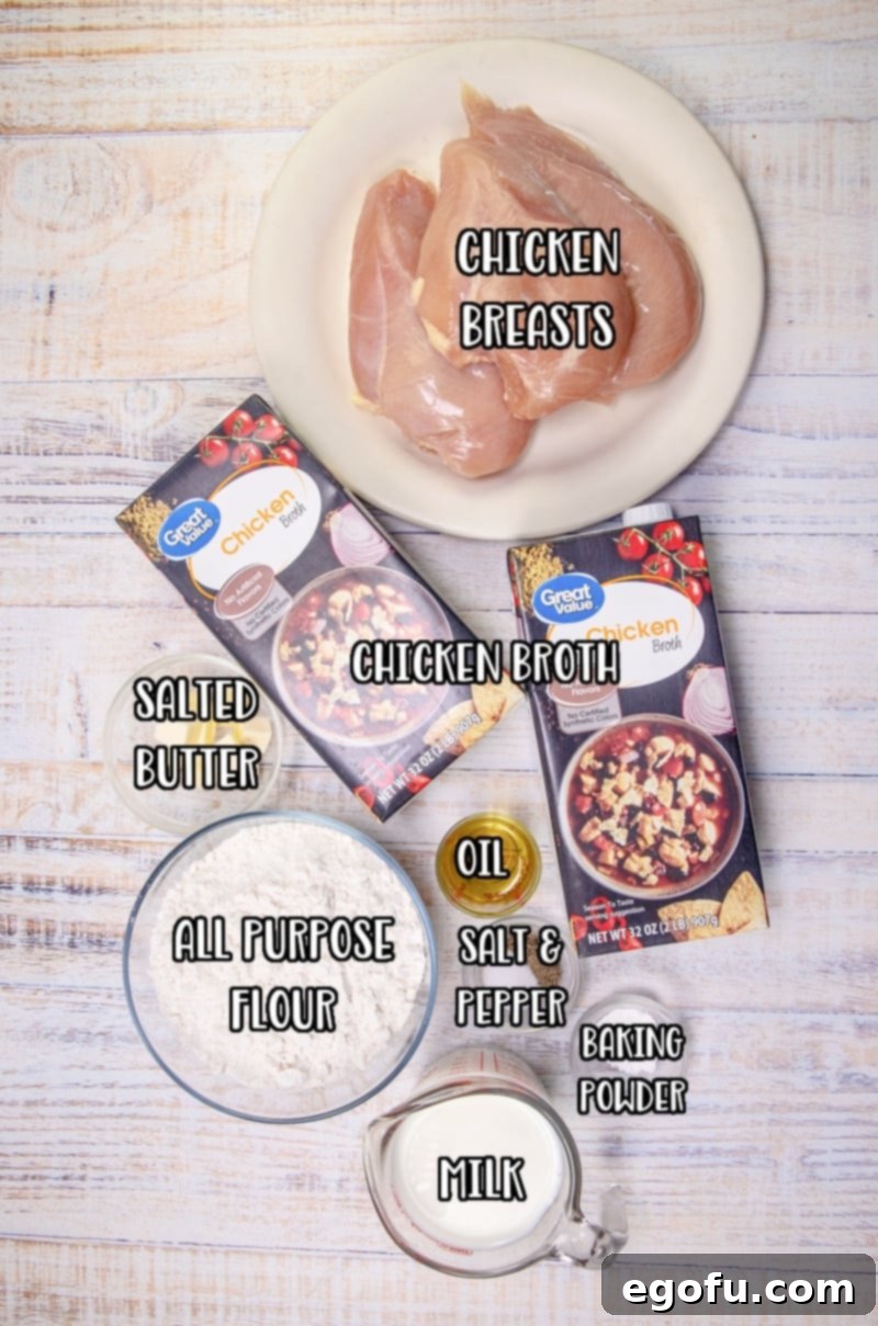 chicken breasts, chicken broth, all purpose flour, milk, oil, baking powder, salt and pepper.