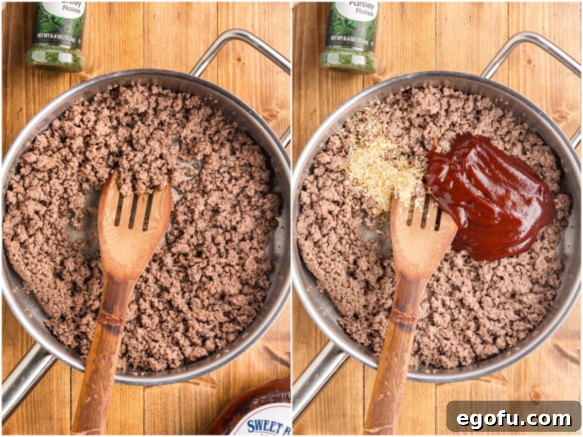 Smoky Beef Biscuit Pockets 6 A collage showing two images side-by-side: on the left, cooked, crumbled ground beef in a skillet; on the right, barbecue sauce and dried minced onion being added to the cooked ground beef in the skillet.