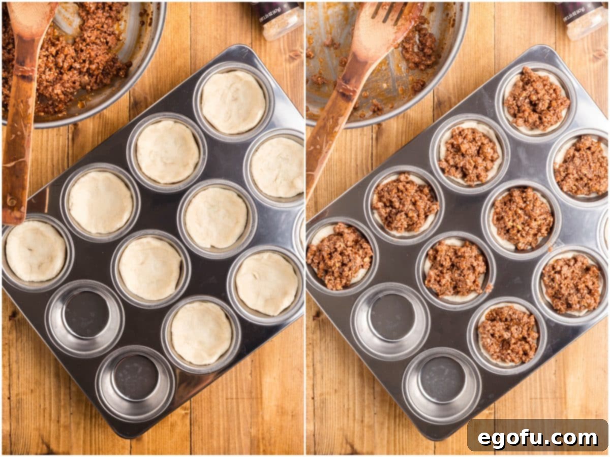 Smoky Beef Biscuit Pockets 7 A collage showing two images side-by-side: on the left, raw refrigerated biscuits placed into a muffin tin, pressed into cup shapes; on the right, the BBQ ground beef mixture being layered on top of the biscuits in the muffin tin.