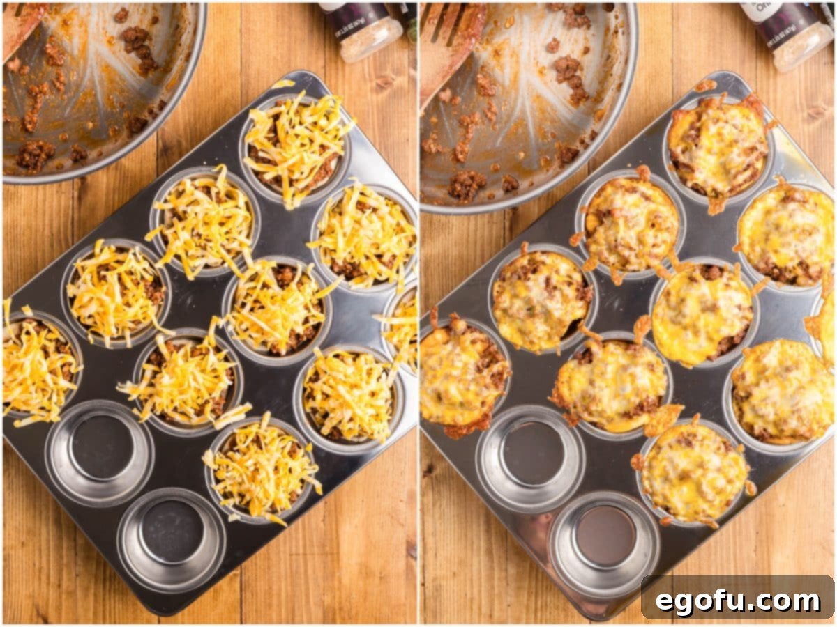 Smoky Beef Biscuit Pockets 8 A collage showing two images side-by-side: on the left, shredded cheese generously sprinkled on top of the BBQ beef mixture in the biscuit cups; on the right, fully baked BBQ Beef Biscuit Cups, golden brown with melted cheese, still in the muffin tin.