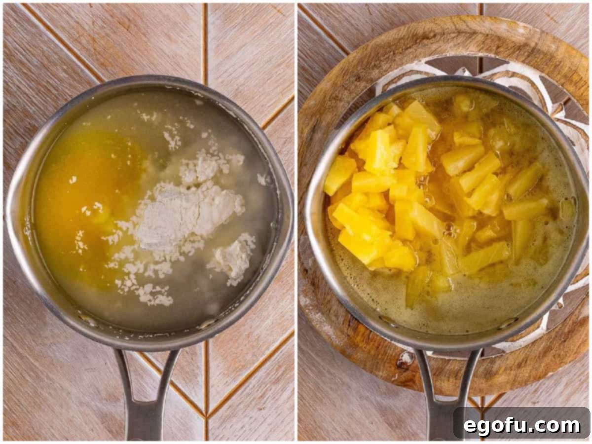 A collage of two process photos: first, water, sugar, cornstarch, and pineapple Jell-O being whisked in a saucepan; second, pineapple tidbits being stirred into the thickened mixture in the pot.