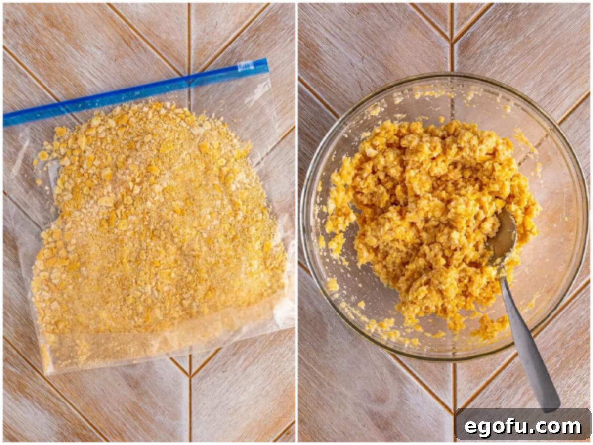A collage of two process photos: first, finely crushed Ritz crackers in a Ziploc bag; second, the crushed crackers, melted butter, and reserved pineapple juice mixed together in a clear bowl, appearing wet.