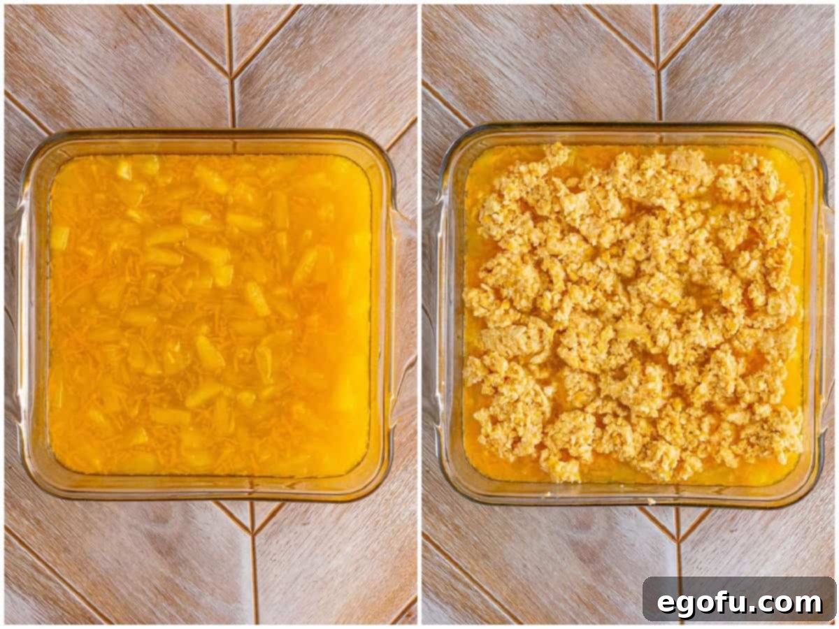 A collage of two process photos: first, the pineapple gelatin mixture poured into a baking dish; second, the Ritz cracker topping evenly spread over the pineapple mixture.