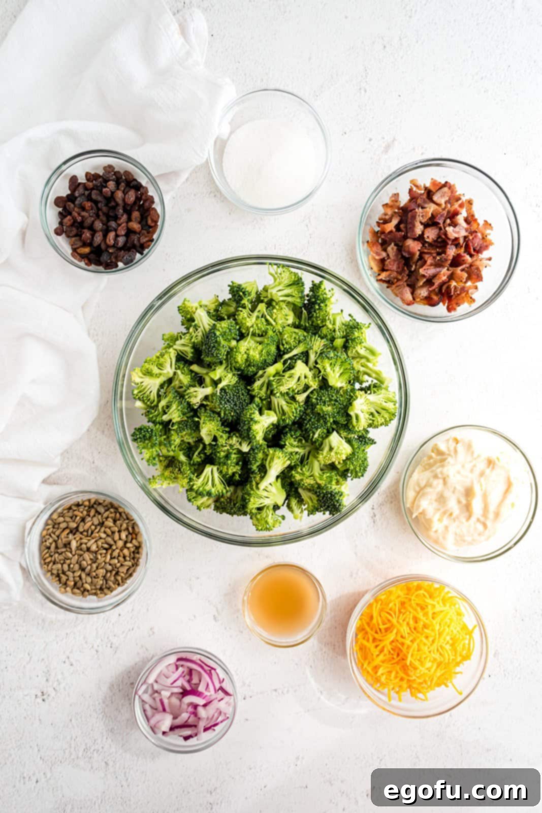 Individual ingredients for broccoli salad laid out: broccoli, bacon, mayonnaise, raisins, sugar, vinegar, red onions, and cheese.