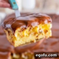 A delicious image of the Boston Cream Poke Cake, highlighting its layers of cake, pudding, and chocolate frosting, with a focus on its appealing presentation.