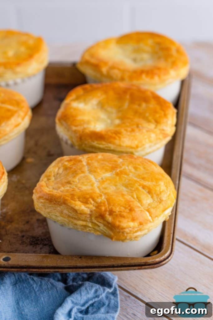 Freshly baked individual chicken pot pies in white ramekins, featuring perfectly golden-brown, flaky puff pastry crusts, ready to be served.