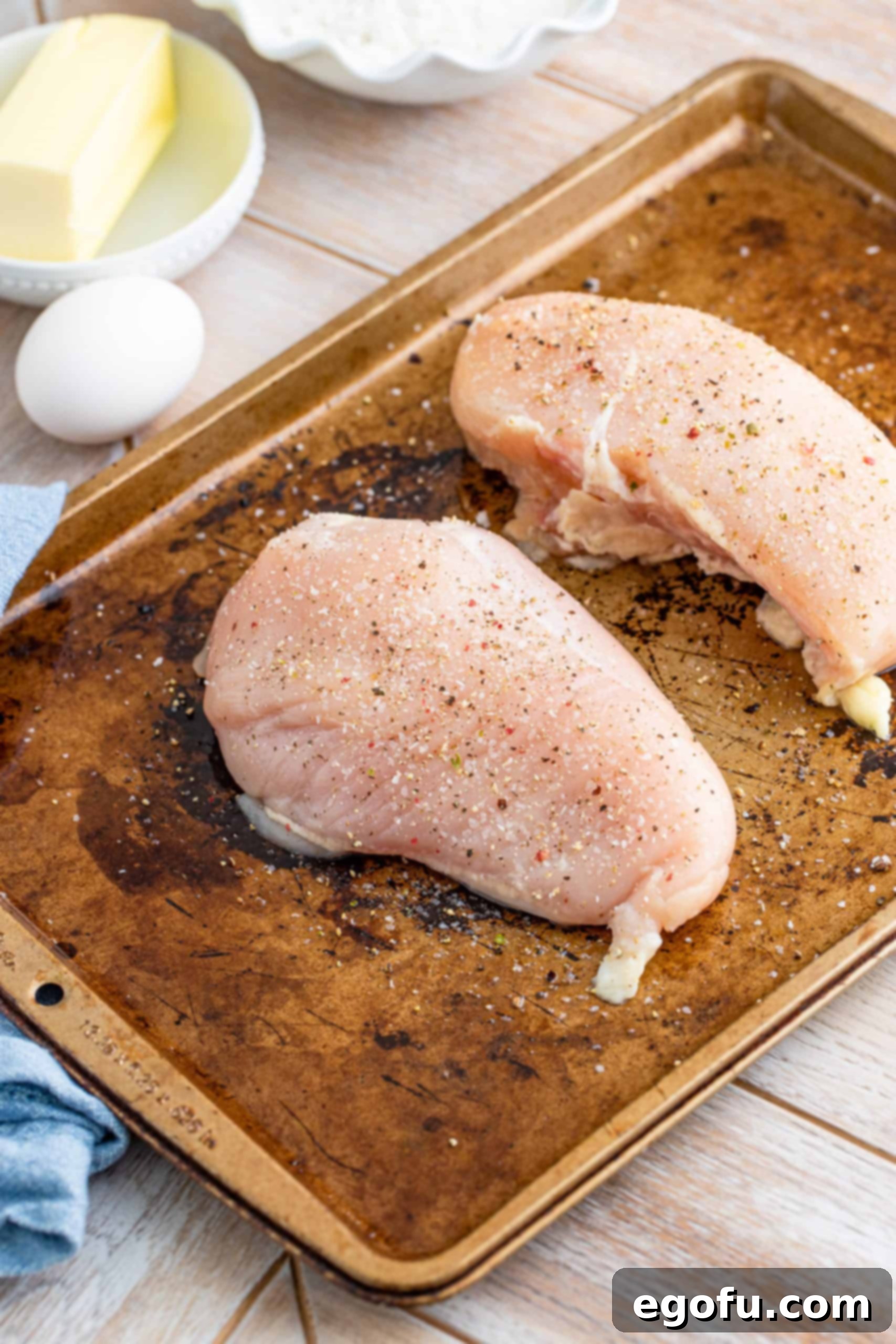 Two raw chicken breasts seasoned with olive oil, salt, and pepper on a baking sheet, ready for roasting.