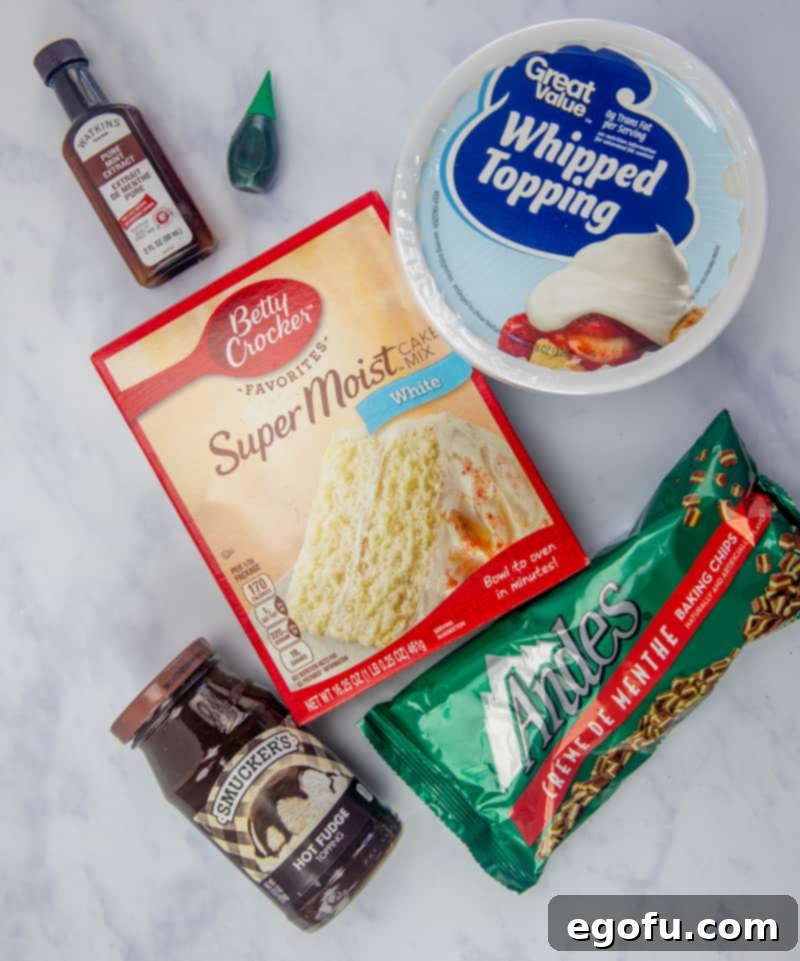 Effortless Grasshopper Indulgence 4 A flat lay photograph displaying all the essential ingredients for making the Easy Grasshopper Cake, including a box of white cake mix, a jar of hot fudge sauce, Andes creme de menthe chocolates, a tub of whipped topping, a bottle of mint extract, and a bottle of green food coloring.