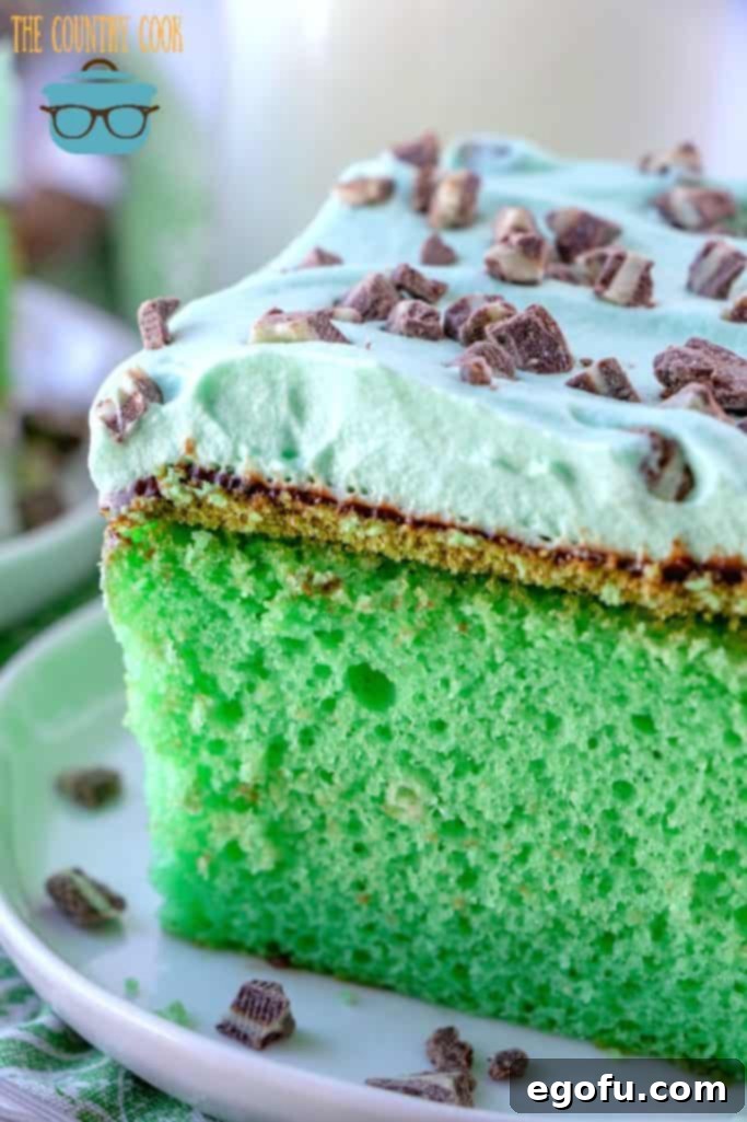 Effortless Grasshopper Indulgence 10 A close-up of a slice of green mint Grasshopper Cake, beautifully topped with fluffy whipped cream and generously sprinkled with chopped Andes creme de menthe chocolate pieces, ready to be enjoyed.