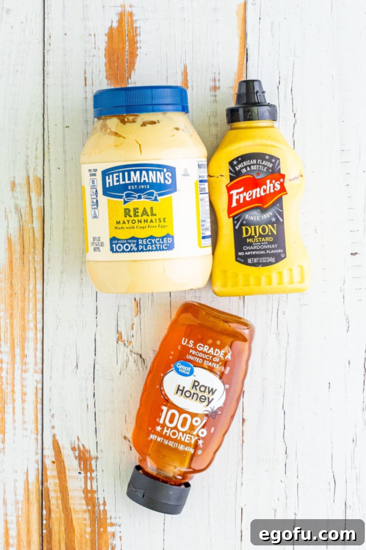 Mayo, honey, and Dijon Mustard.