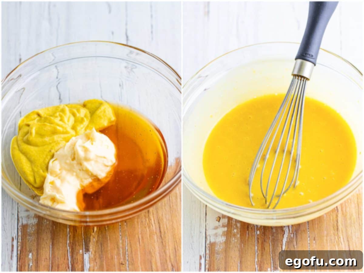 collage of two photos: Dijon mustard, mayonnaise and honey in a bowl; a whisk shown whisking ingredients together in bowl. 