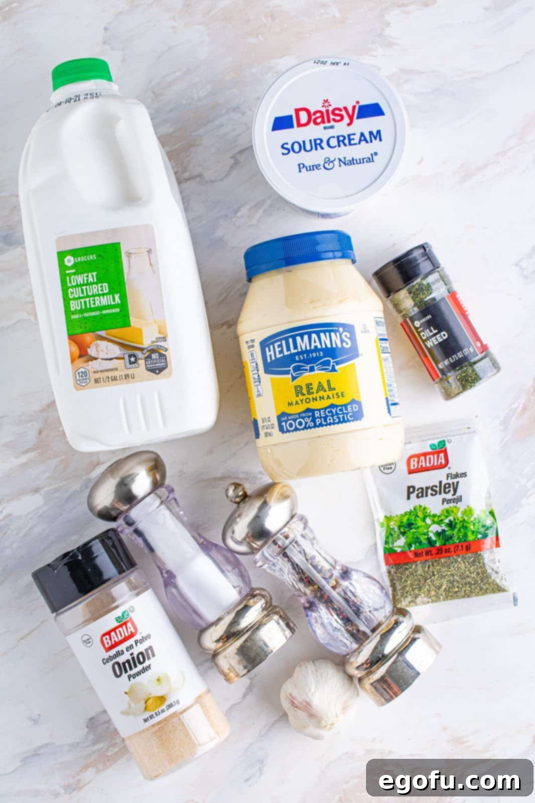 Handcrafted Ranch Bliss 5 buttermilk, mayonnaise, sour cream, garlic, dill weed, onion powder, parsley, salt and pepper.