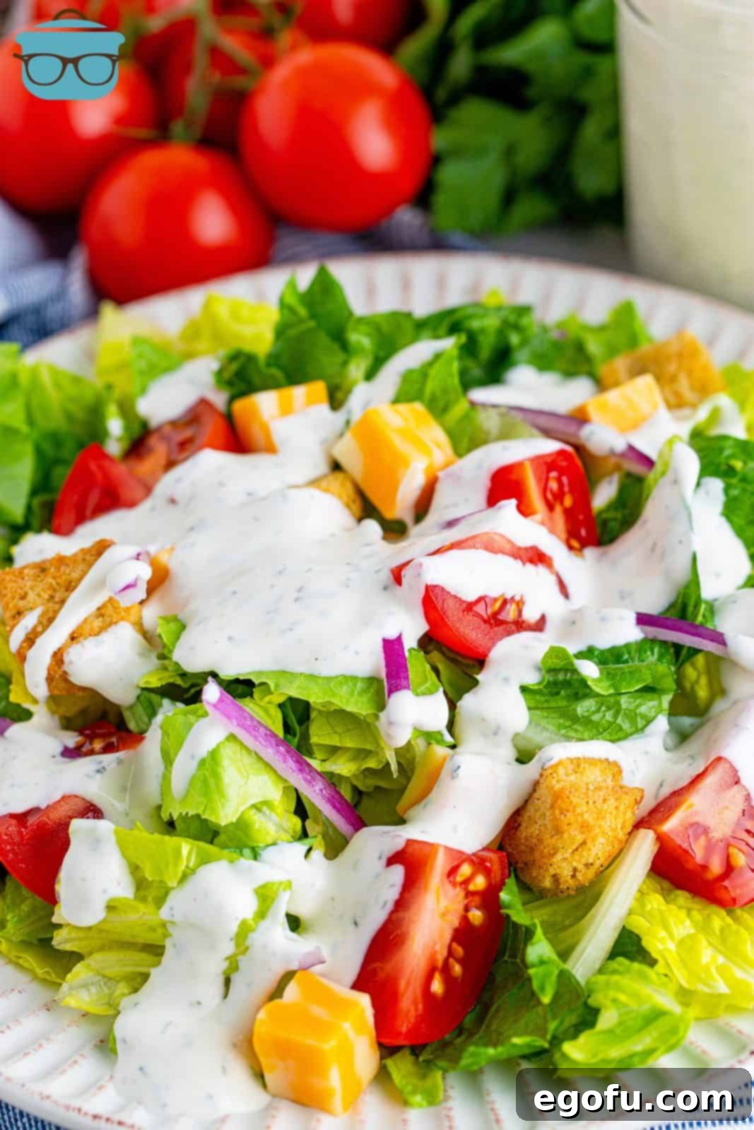 Handcrafted Ranch Bliss 8 homemade ranch dressing shown poured onto a fresh green salad in a white bowl.