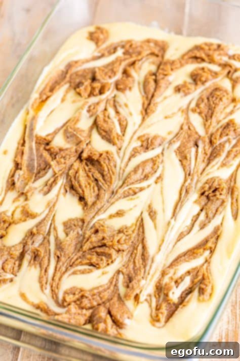 Swirl of Spice Cake 22 The cinnamon filling and cake batter are beautifully swirled together in the baking dish, creating an inviting marble pattern.