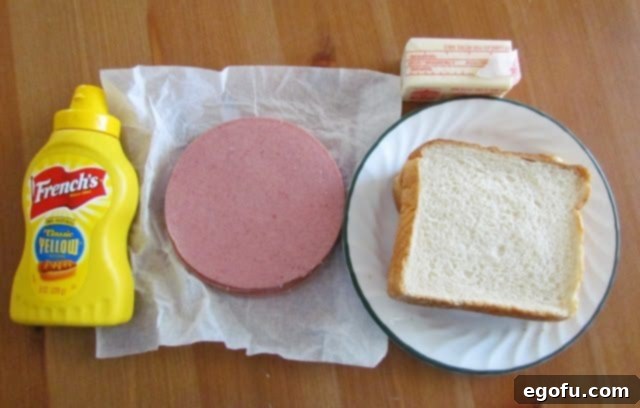 Sliced bologna, classic yellow mustard, soft white bread, and a stick of butter – all the essential components for a delicious fried bologna sandwich.
