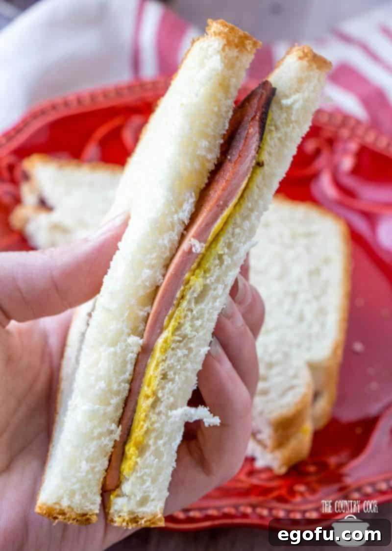 A hand holds up a sliced fried bologna sandwich, revealing layers of golden-brown bologna, yellow mustard, and soft white bread.