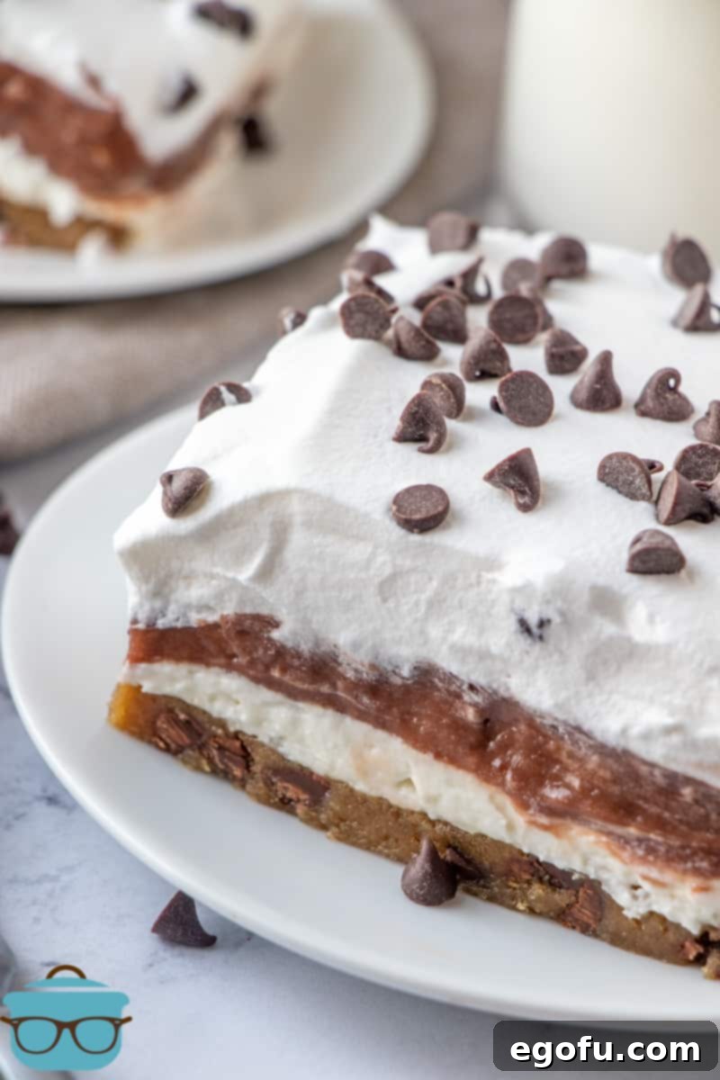C Is For Cookie Layers 2 closeup shot of the chocolate chip cookie lasagna layered dessert showing all four layers.