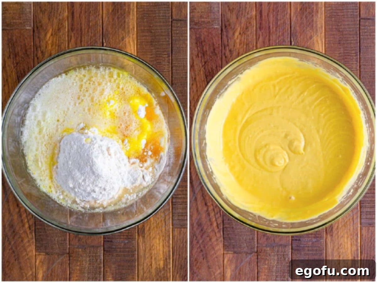 A two-part image showing the beginning stages of cake preparation. The first image displays all the cake ingredients – cake mix, instant lemon pudding, eggs, oil, and 7Up – gathered in a large clear mixing bowl, ready to be combined. The second image shows the same ingredients, now thoroughly mixed into a smooth, vibrant yellow cake batter, highlighting the creamy consistency.