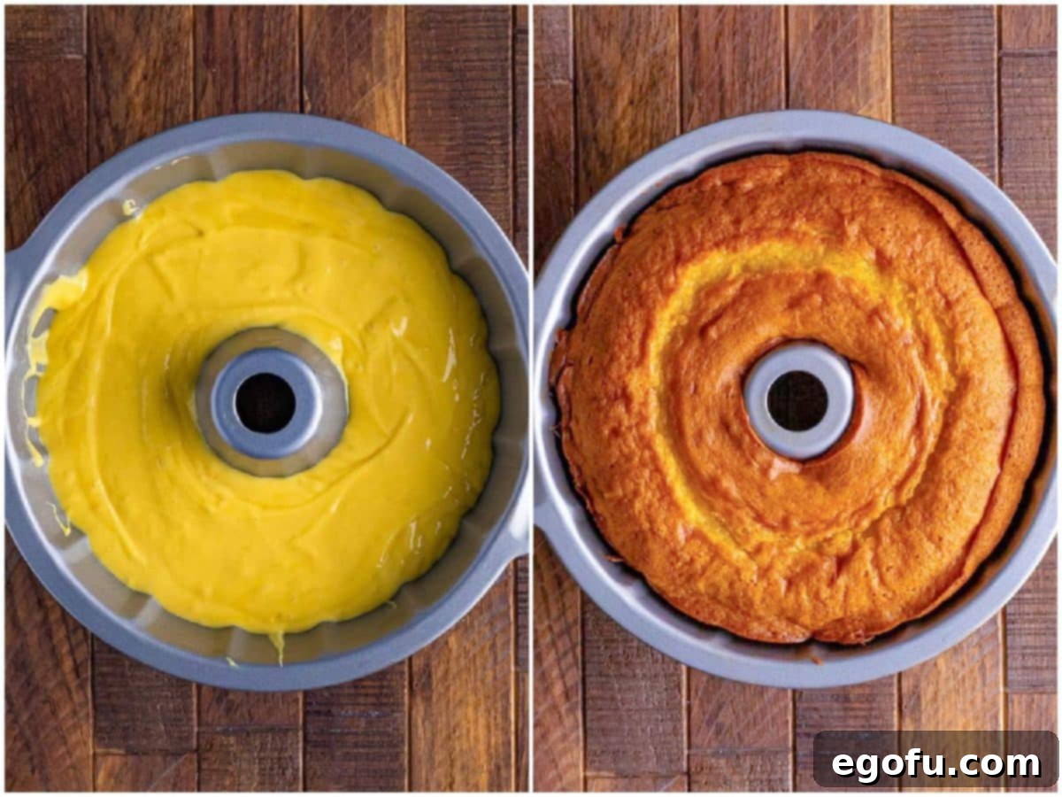A two-panel image illustrating the baking process of the 7Up Bundt Cake. The first panel shows the smooth, yellow cake batter neatly poured into a decorative bundt pan, ready for the oven. The second panel captures the bundt cake after baking, still in its pan, showcasing a beautifully golden-brown crust.