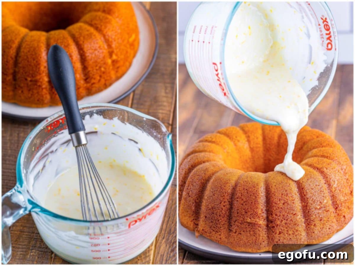 A two-photo collage detailing the icing preparation and application. The first image shows icing ingredients—powdered sugar, lemon juice, lemon zest, and milk—being whisked together in a clear measuring cup, creating a smooth, white glaze. The second image captures the final step of pouring the glistening lemon icing generously over the golden-brown 7Up Bundt Cake, creating an inviting visual appeal.