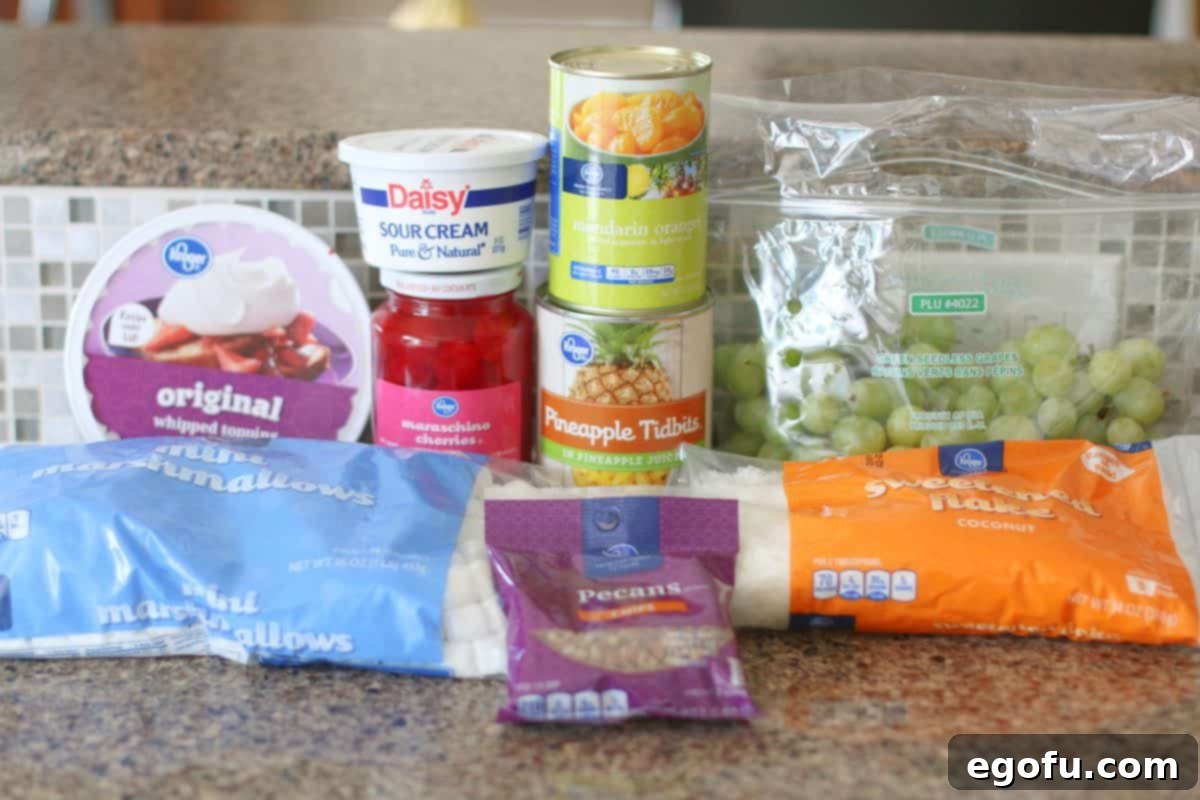 Southern Ambrosia Delight 4 Ingredients needed: whipped topping, sour cream, pineapple tidbits, mandarin oranges, green seedless grapes, sweetened coconut flakes, mini marshmallows, maraschino cherry halves, chopped pecans.