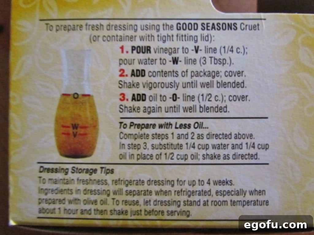 Good Seasons Italian Dressing packet with instructions visible.