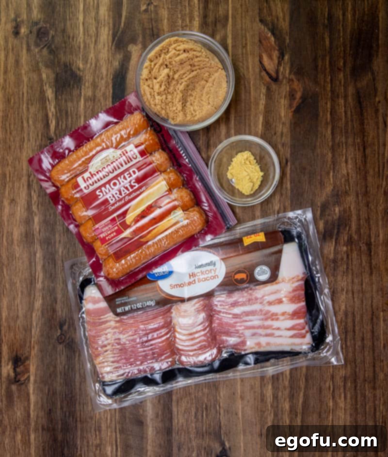 Crispy Bacon Brat Poppers 5 smoked bratwurst, bacon, light brown sugar, dry mustard powder - key ingredients for Bacon Wrapped Bratwurst Bites